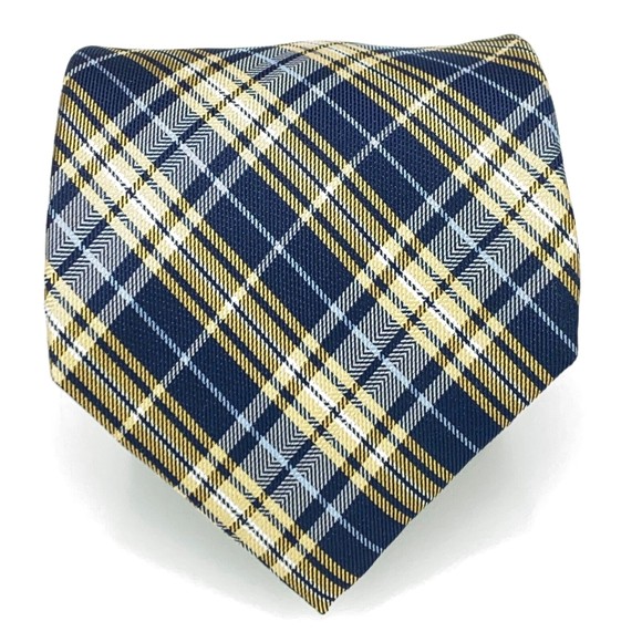 CHAPS Tie Navy & Light Blue Yellow Plaid Striped 100% Silk Hand Made Necktie 58" - Picture 2 of 12